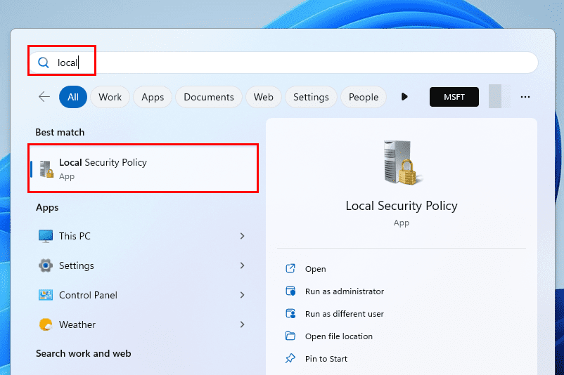 Local Security Policy on Start menu
