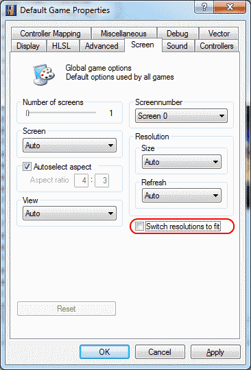 MAME switch resolutions setting