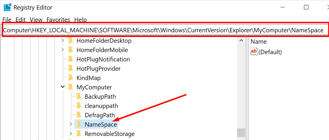namespace key registry editor windows 10