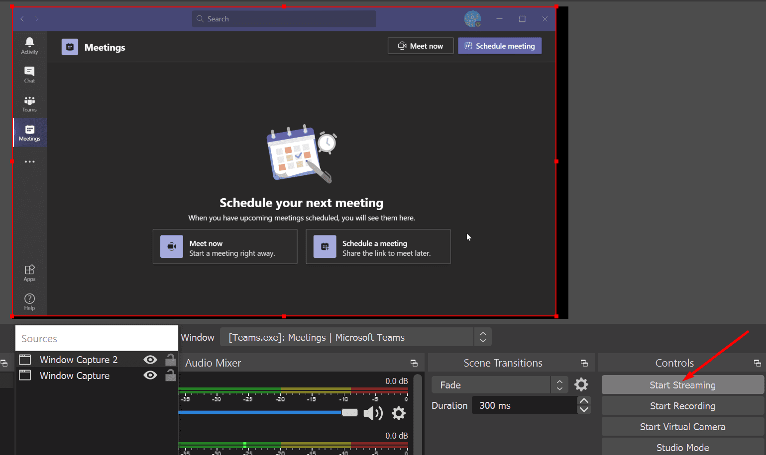 OBS start streaming teams meeting