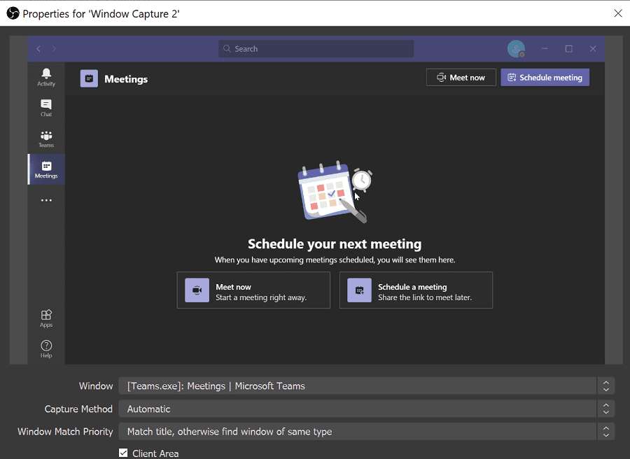 OBS window capture microsoft teams