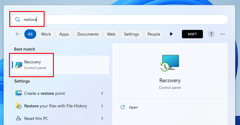 Recovery option on Windows 11