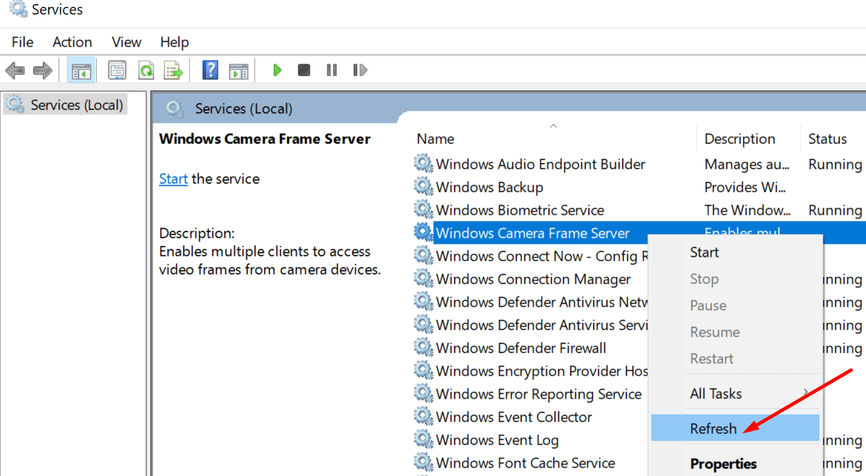 refresh windows camera frame server service