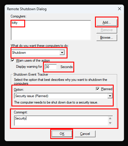 Remote shutdown dialog