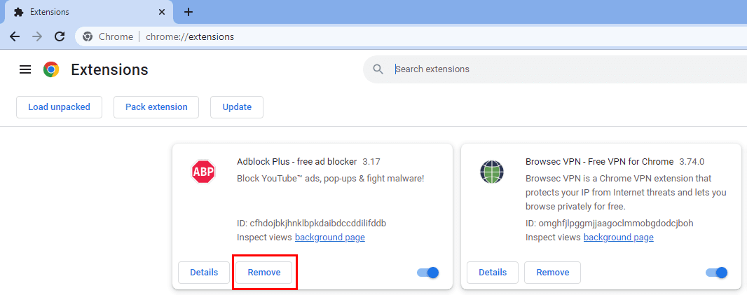 Remove extensions