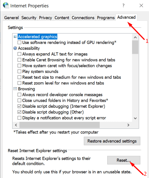 reset internet options windows 10