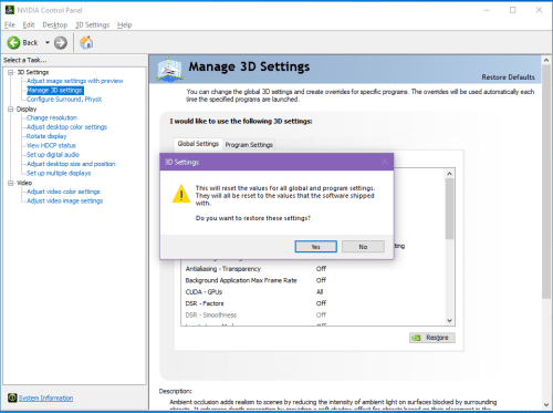 Resetting graphics driver to default from Nvidia Control Panel