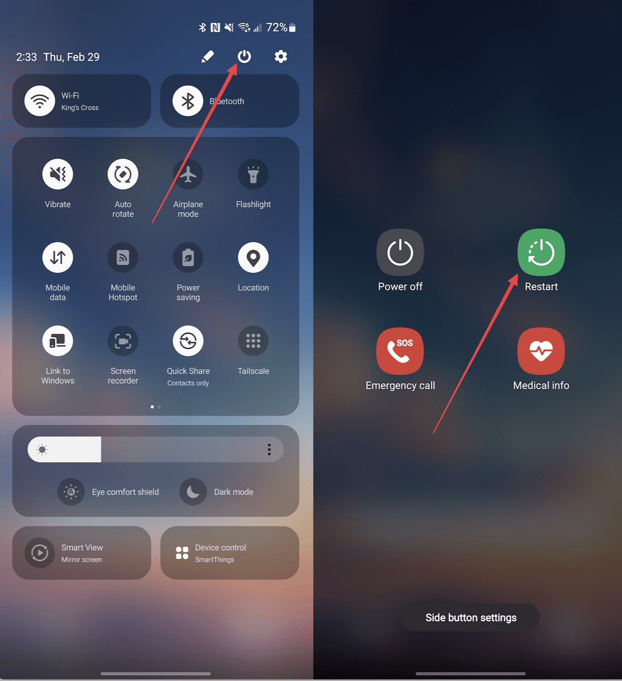 Restart Galaxy S24 Using Quick Settings