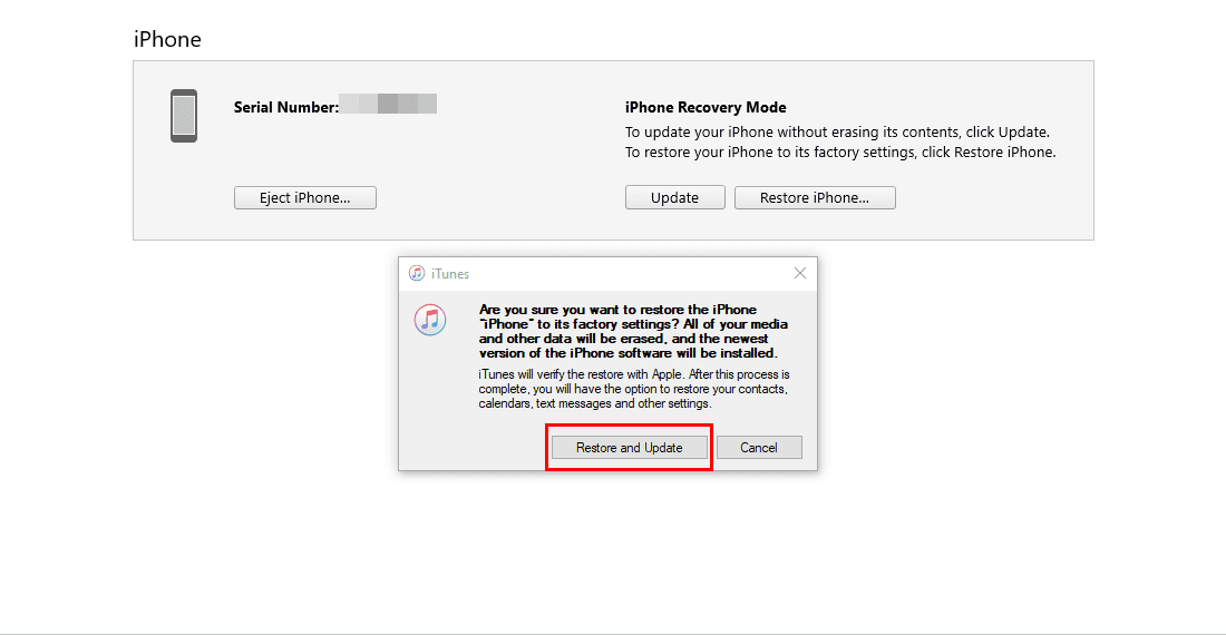 Restore and update confirmation on iTunes