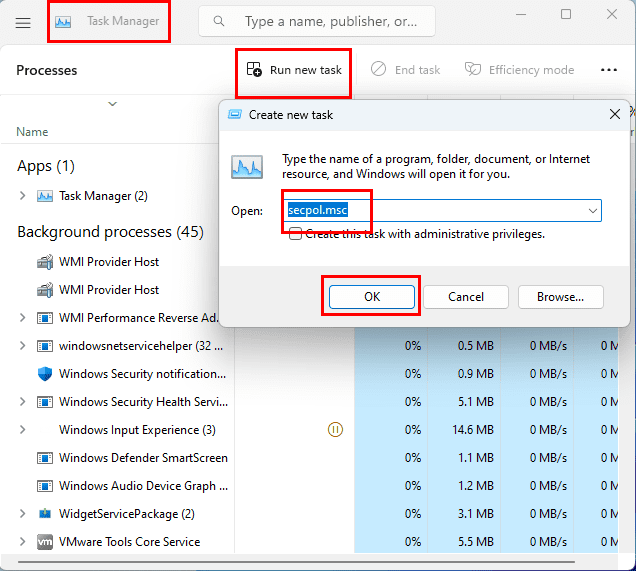 Run a new task to open Local Security Policy