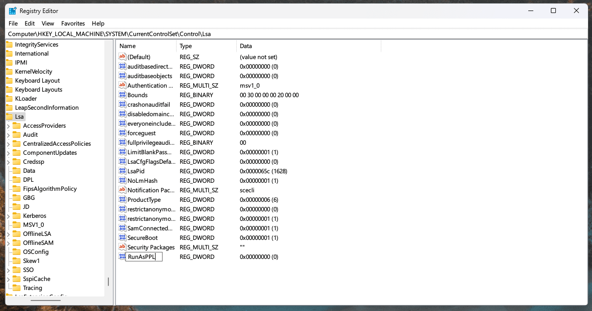 RunAsPPL Registry Entry to enable LSA Protection on Windows 11
