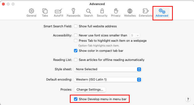 Safari Preferences menu Advanced tab