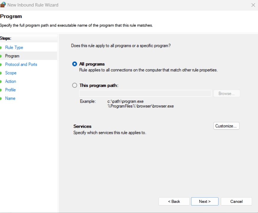 An example of the new inbound rule wizard All programs