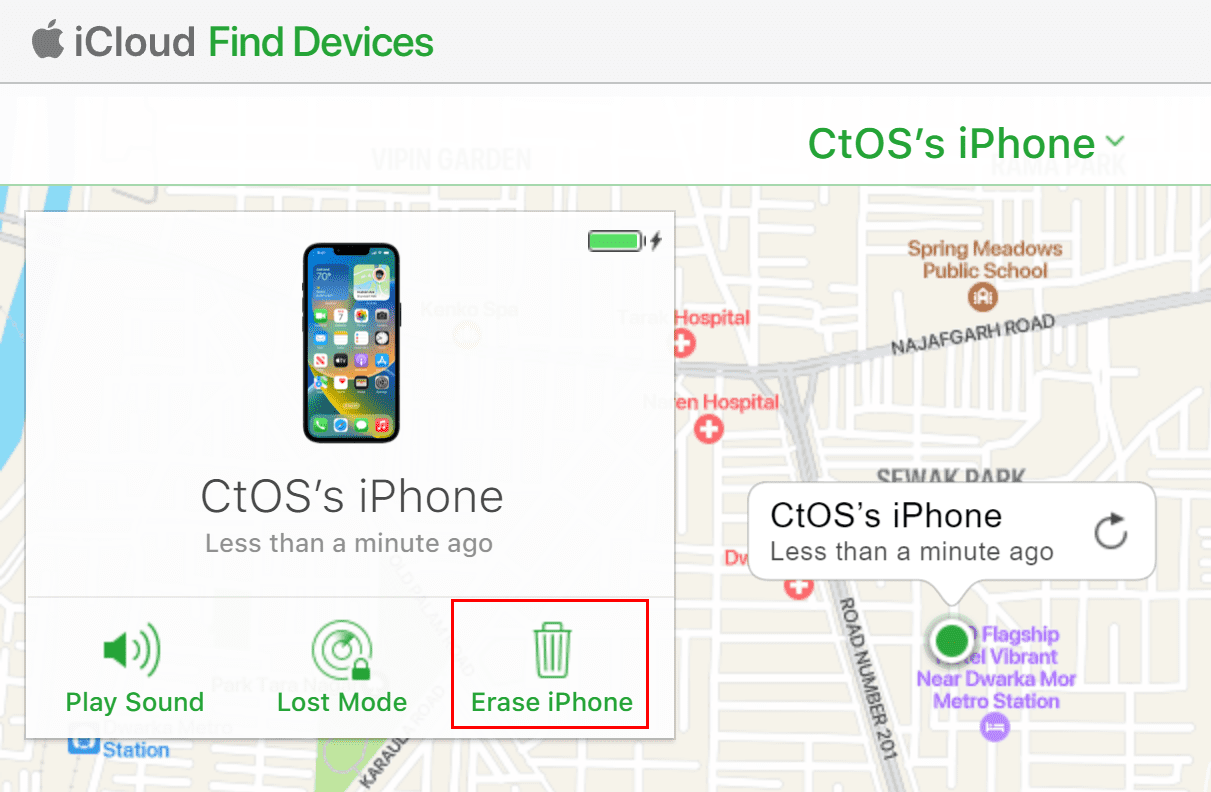 Select Erase iPhone to wipe data from an iPhone with broken screen