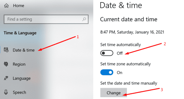 set date time manually windows 10