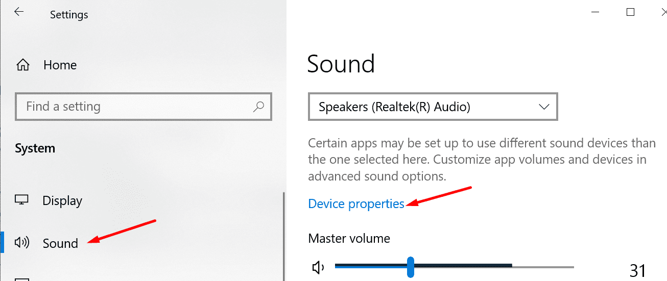 sound device properties windows 10