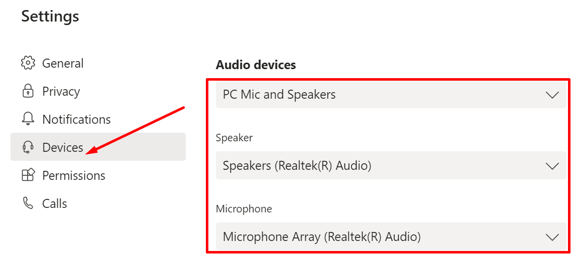 teams audio devices settings