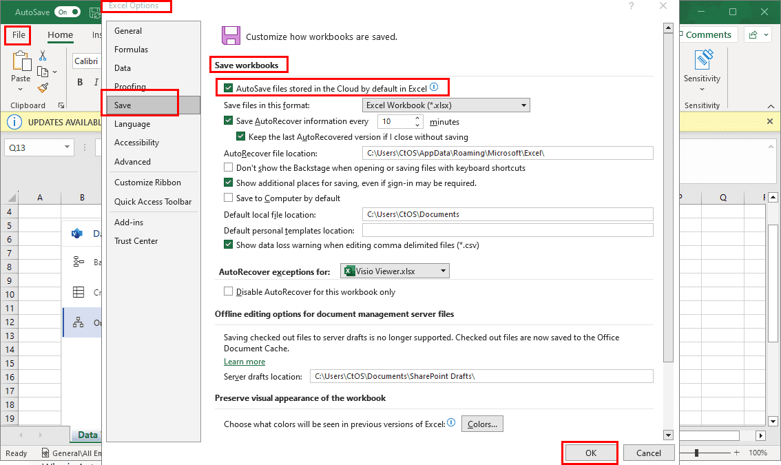 The AutoSave option in Excel Options
