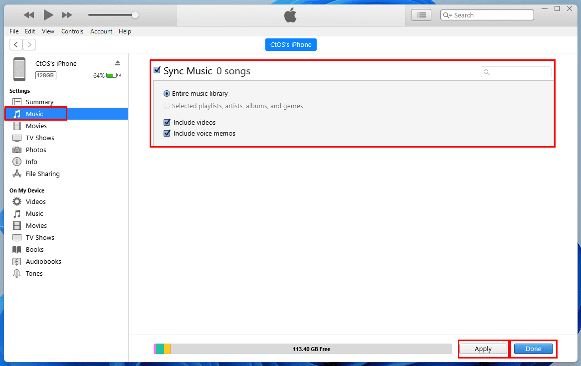 The Music restoration page on iTunes for a synced iPhone on Windows 11