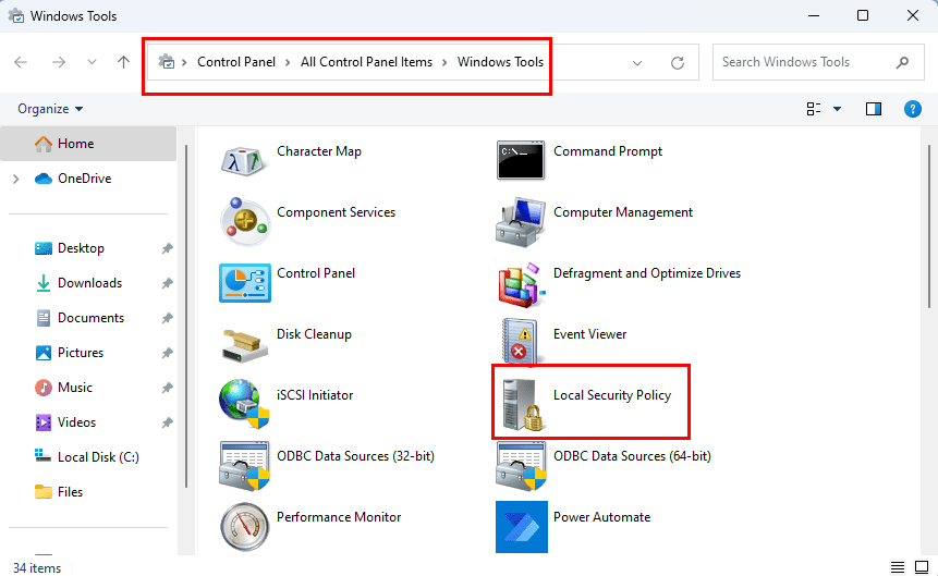 The Security Policy tool on Control Panel