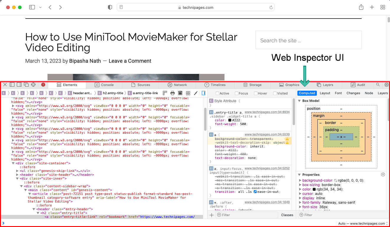 The view of the Web Inspector