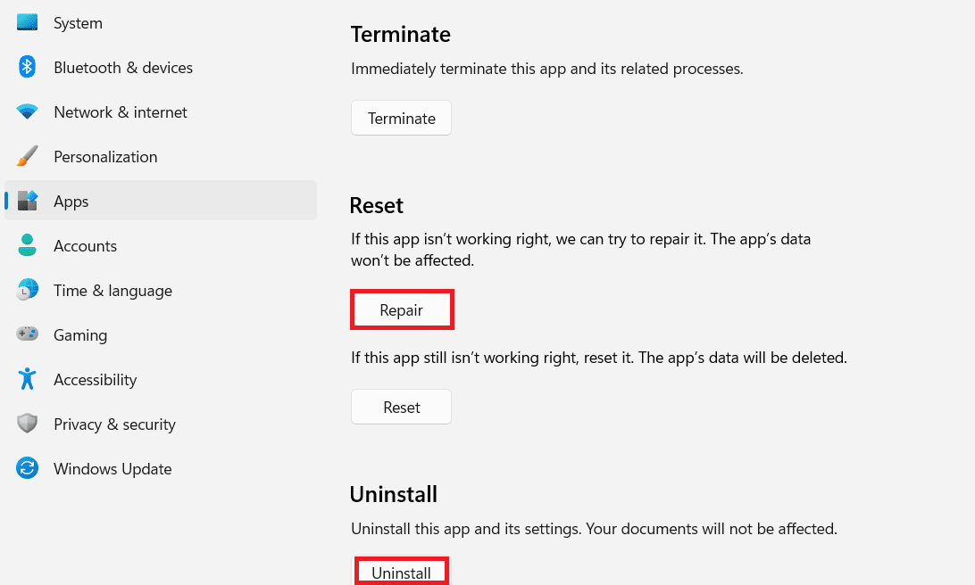 Try Repair and Uninstall options to fix error code 0xc0000005