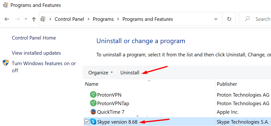 uninstall skype control panel
