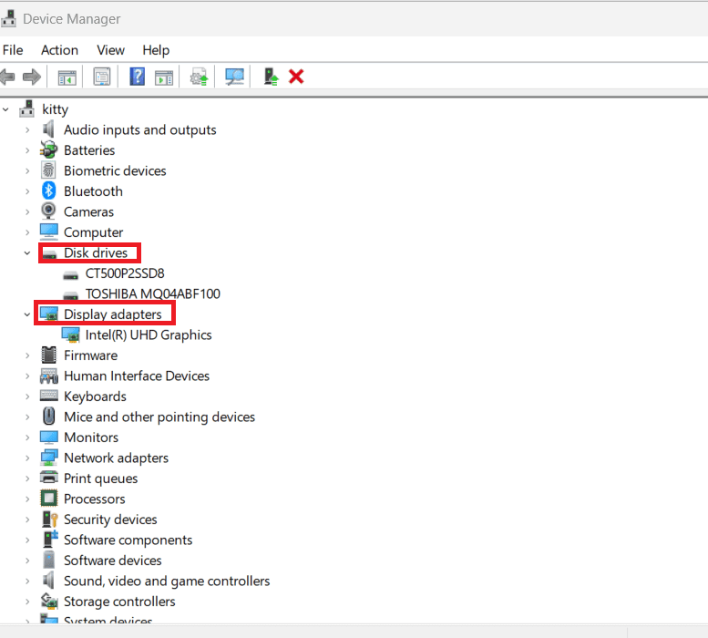 Update drivers for Disk drive and Display adapters