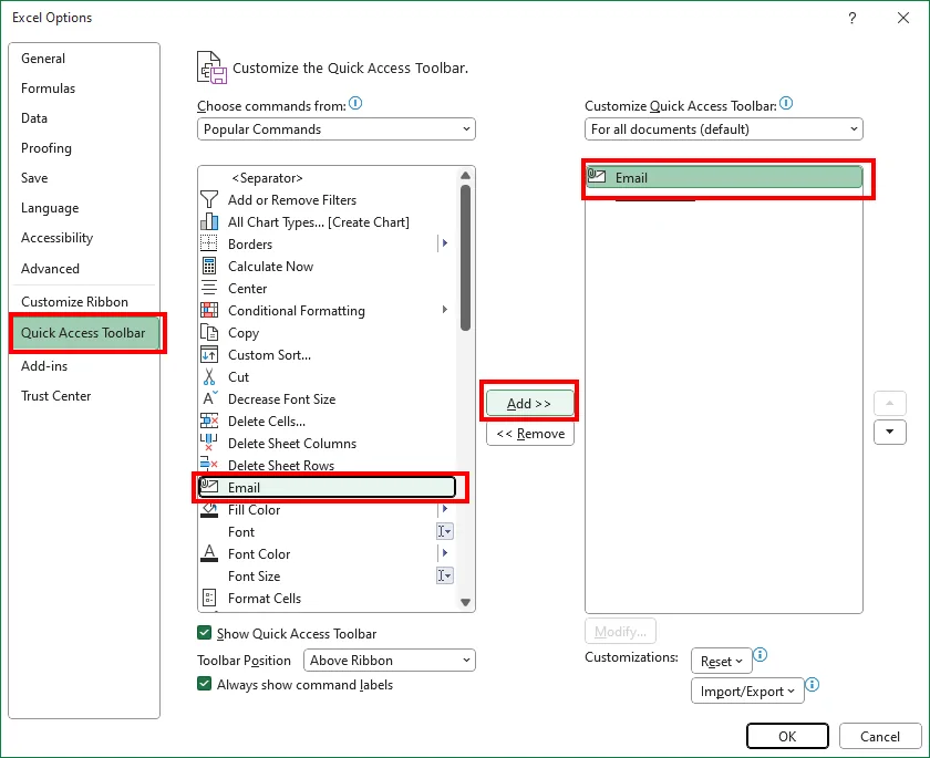 Office Adding Email Option to Quick Access Toolbar